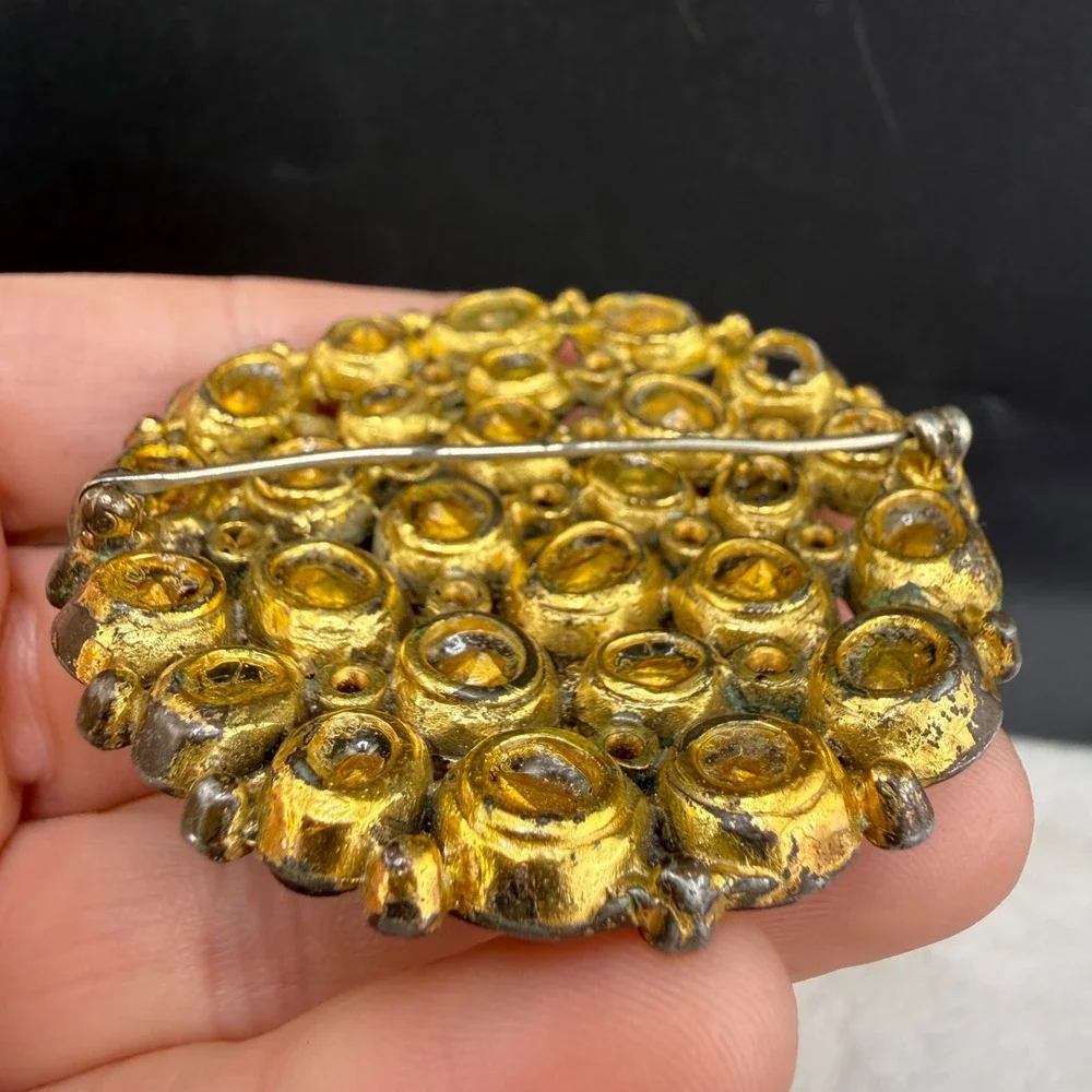 Vintage Rhinestone Brooch Gold Tone Purple Heavy WELL MADE  READ